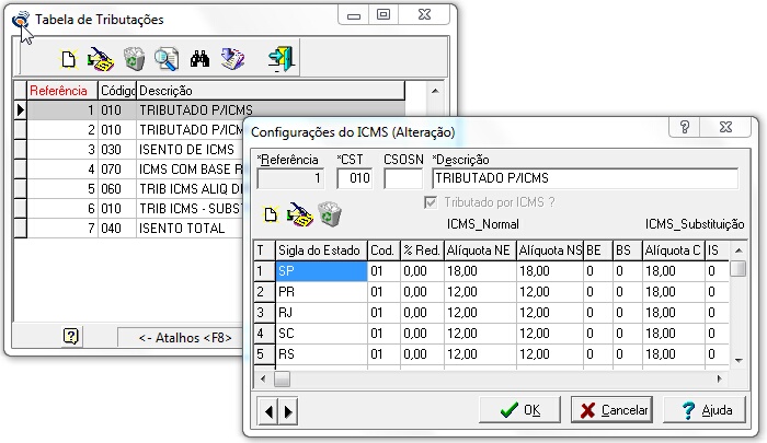 Grid e tela mestre de edição da tabela de configurações de ICMS